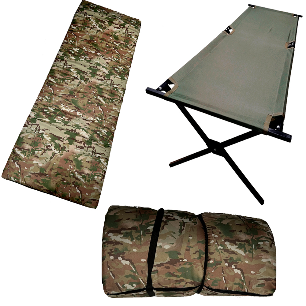 A folding military bed with a NATO model mattress
